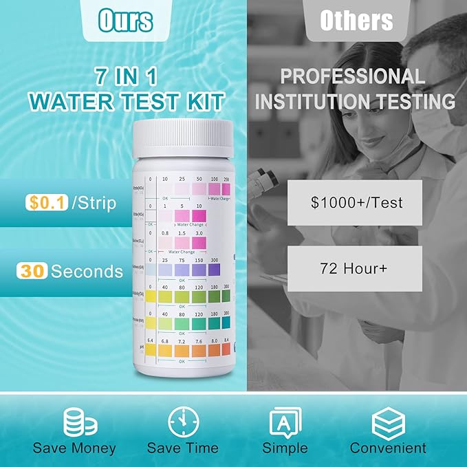 7 in 1 Aquarium Test Kit for Freshwater and Saltwater - 125 Aquarium Test Strips with Test Tube & Thermometer - Fast & Accurate Water Testing Strips for Aquarium/Pond/Pool