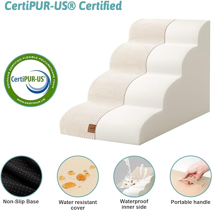 Dog Stairs for Medium Bed 20" H, Small Dogs Ramp with Leakproof Fabric Cover, Foam Pet Steps for Cat or Couch, Lightweight, Non-Slip, Durable, Comfort, 15.7x28.3x19.7in, Light Khaki, 4 Tiers
