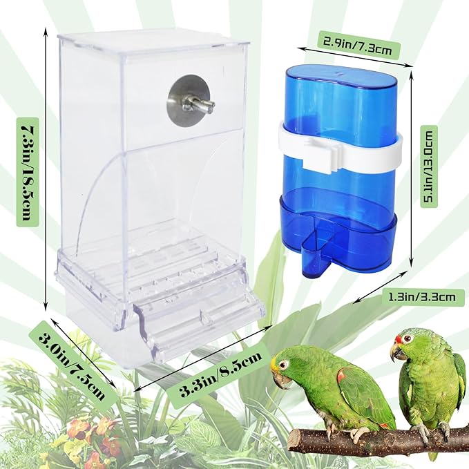 kathson No Mess Bird Feeder Water Dispenser Set,Automatic Parakeet Feeders Drinker Cage Acrylic Parrot Seed Food Dispenser Container Accessories for Small Lovebirds Canary Budgies Finch Squirrel(2Pcs)