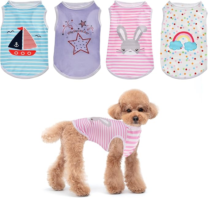 4Pcs Dog Cat Shirts Dog Polka Dot Vest Dog Stripe Sleeveless T-Shirt Pet Soft Vest Breathable Clothes for Small Medium Dog Puppy Kitten Cat L