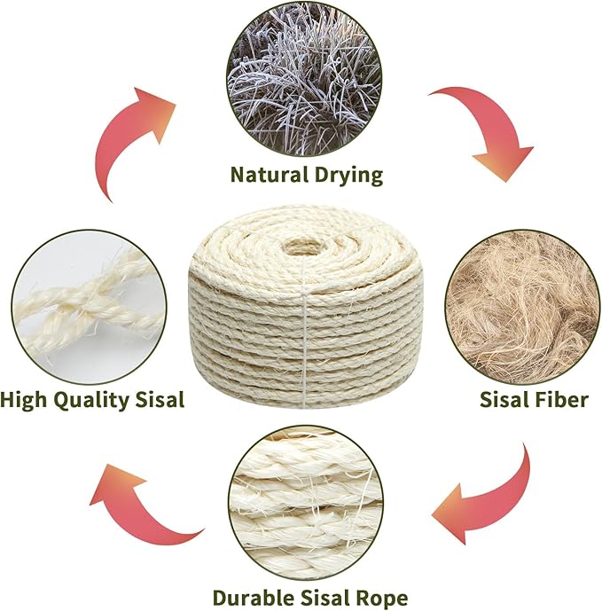 Natural Sisal Rope 1/4 Inch 32-Feet for Cat Tree Tower Repair and Replace Scratching Post, DIY Hemp Twine Rope for Cat Scratching Furniture Window Perch and Crafts Gardening Home Decorating