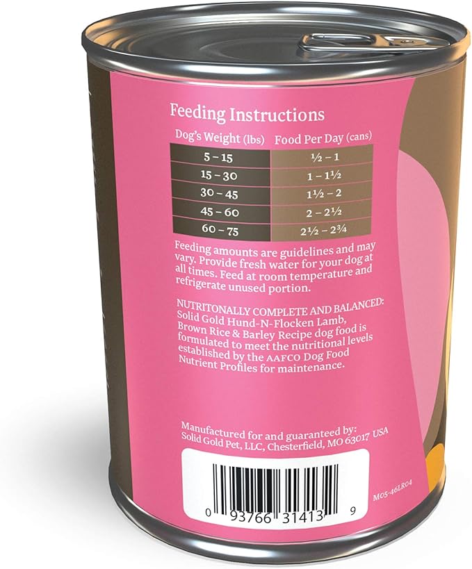 Solid Gold Canned Dog Food for Adult & Senior Dogs - Made with Real Lamb and Healthy Whole Grains - Hund-N-Flocken High Calorie, High Protein Wet Dog Food