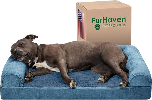 Furhaven Orthopedic Dog Bed for Large/Medium Dogs w/ Removable Bolsters & Washable Cover, For Dogs Up to 55 lbs - Faux Fur & Velvet Sofa - Harbor Blue, Large