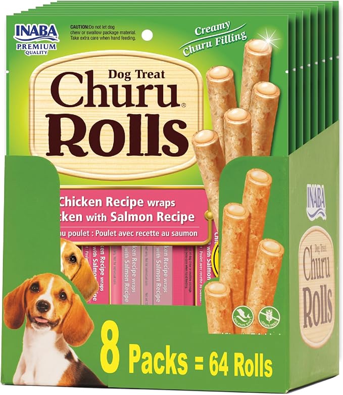 INABA Churu Rolls for Dogs, Soft & Chewy Baked Chicken Wrapped Filled Dog Treats with Vitamin E, 0.42 Ounces Each Stick, 64 Sticks (8 per Pack), Chicken with Salmon Recipe