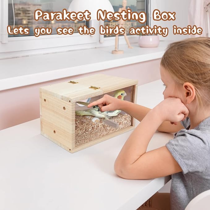 Parakeet Nesting Box Transparent Bird House for Cage Natural Wood Breeding Box for Parrot Parakeet Cockatiel Lovebirds Budgie Conure and Other Small Birds