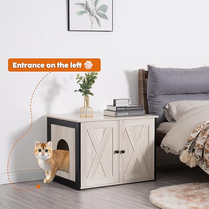 DWANTON Litter Box Enclosure, Cat Litter Box Furniture Hidden, Reversible Entrance Can Be on Left or Right Side, Wooden Cat Washroom Indoor, Fit Most of Litter Box, Beige