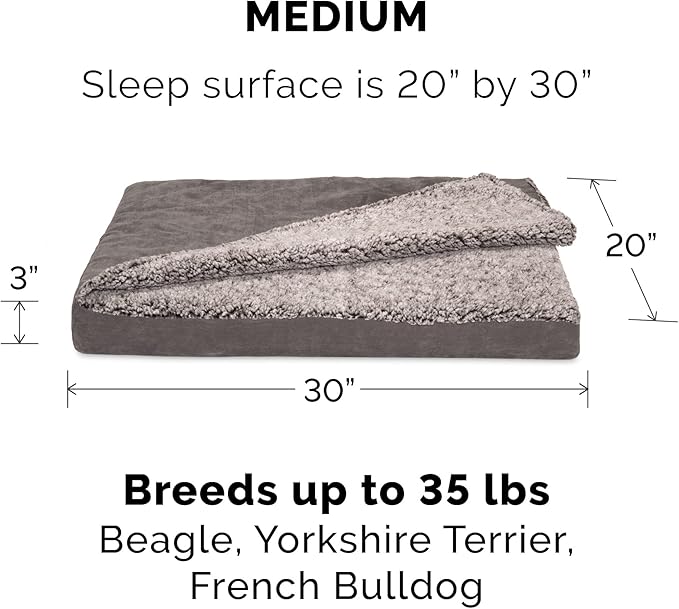 Furhaven Memory Foam Dog Bed for Medium/Small Dogs w/ Removable Washable Cover, For Dogs Up to 35 lbs - Berber & Suede Blanket Top Mattress - Gray, Medium, 30.0"L x 20.0"W x 3.0"Th