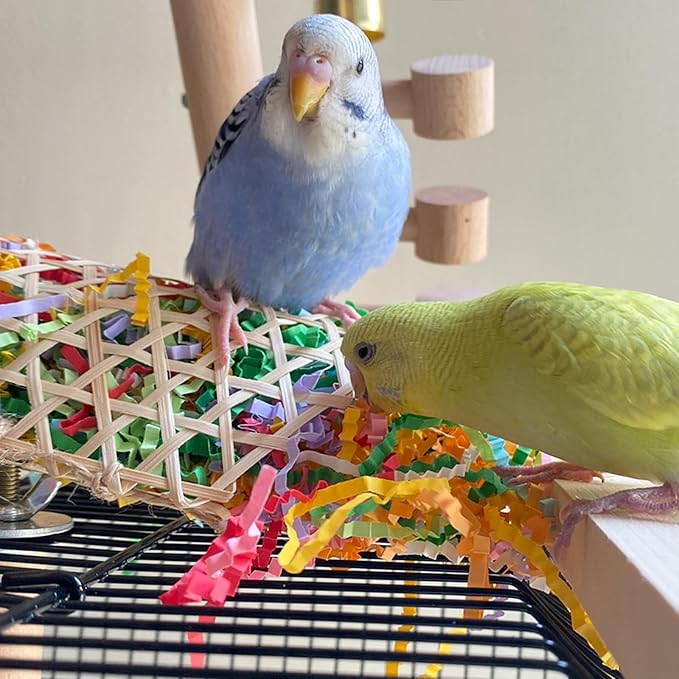 2 Pack Bird Chewing Foraging Toys Set, Parrots Treat Basket Feeder Parakeets Bamboo Shredder Hanging Cage Climbing Foot Toys for Cockatiels Conures Lovebirds Budgies