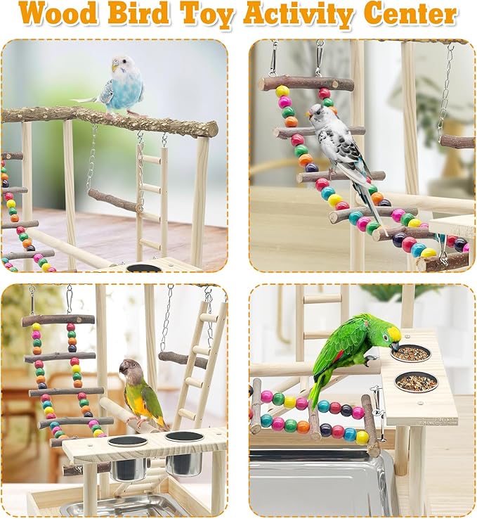 Hamiledyi Bird Playground Parrots Wood Perch Stand Cockatiel Playground Bird Play Gym Colours Climb Ladders Swing Chewing Toys with Parakeet Feeding Cups Exercise Activity Center for Lovebirds Conure