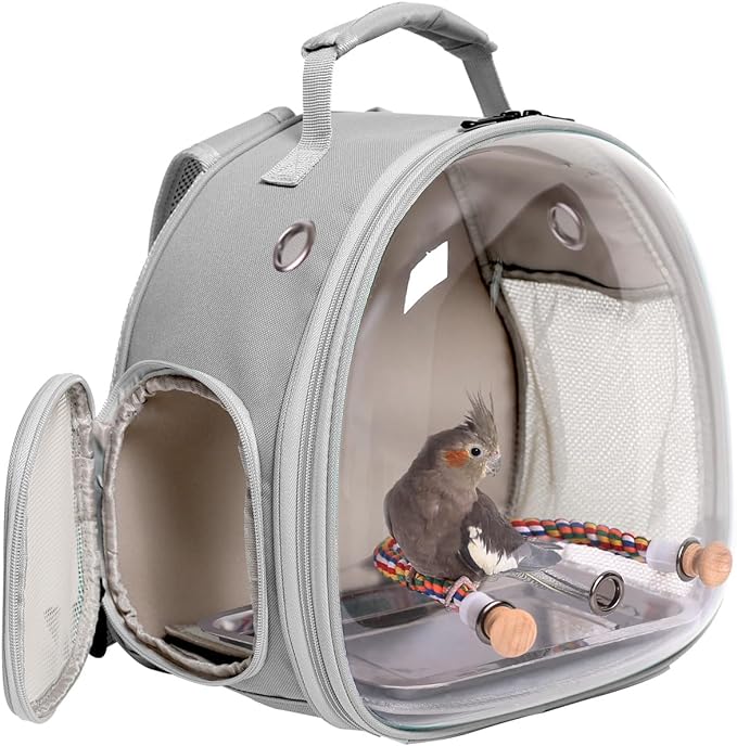 Bird Carrier Cage, Bird Travel Backpack Carrier with Stainless Steel Tray and Standing Perch (Grey, Medium)