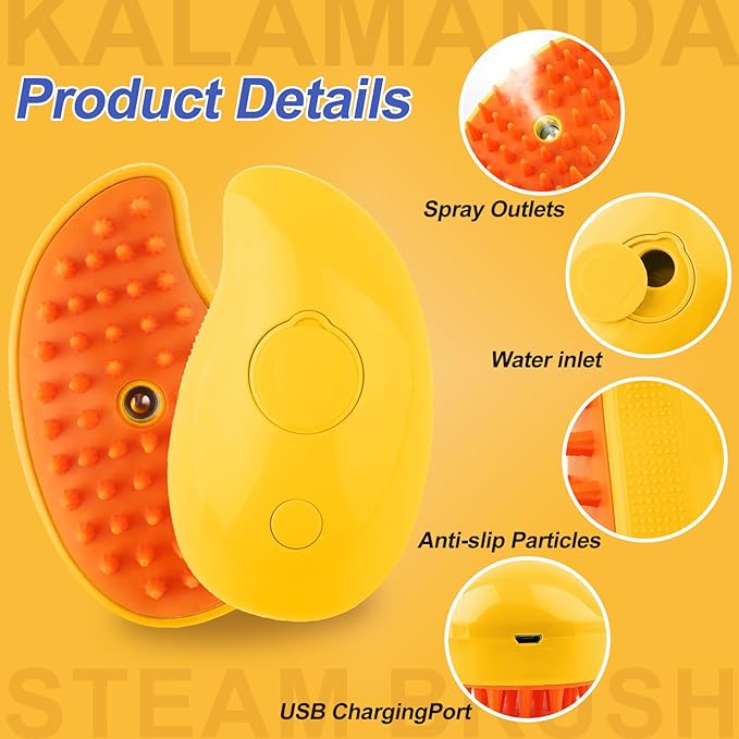 Cat Steam Brush, 3 in 1 Cat Steamy Brush Cleanser, Silicone Massage Grooming Brush, Pet Hair Cleaning Brush Comb for Cats Dogs(Mango Yellow)