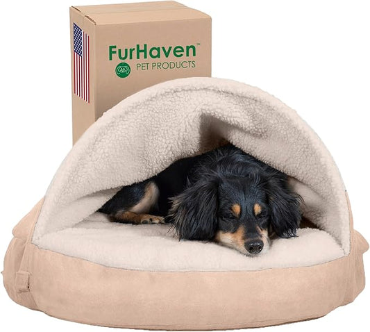 Furhaven 26" Round Cooling Gel Dog Bed for Medium/Small Dogs w/ Removable Washable Cover, For Dogs Up to 30 lbs - Sherpa & Suede Snuggery - Cream, 26-inch