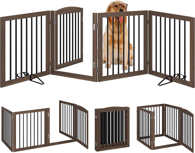 Folding Pet Gate 96" Wide, 30" Tall No-Assembly Wooden Dog Gate with Door Walk Through, Freestanding Pet Gate, Puppy Safety Fence, with 2PCS Support - Brown