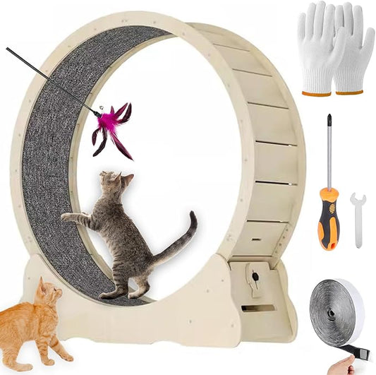 Cat Exercise Wheel for Indoor Cats, 40inch Large Cat Treadmill with Noise Reduction Port and Lock, Solid Wood Cat Running Wheels