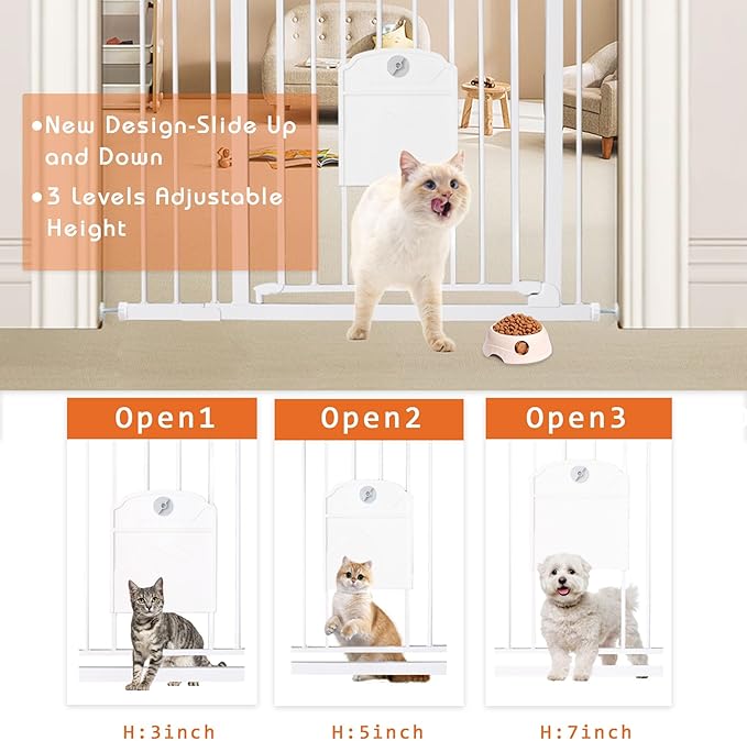 Extra Tall Baby Gate with Cat Door, 36.5-40.5" Wide Child Gate with Adjustment Pet Door, Pressure Borehole Double Mounting, Suitable for Stairs, Doorway, House, Kitchen (39" Tall, White)