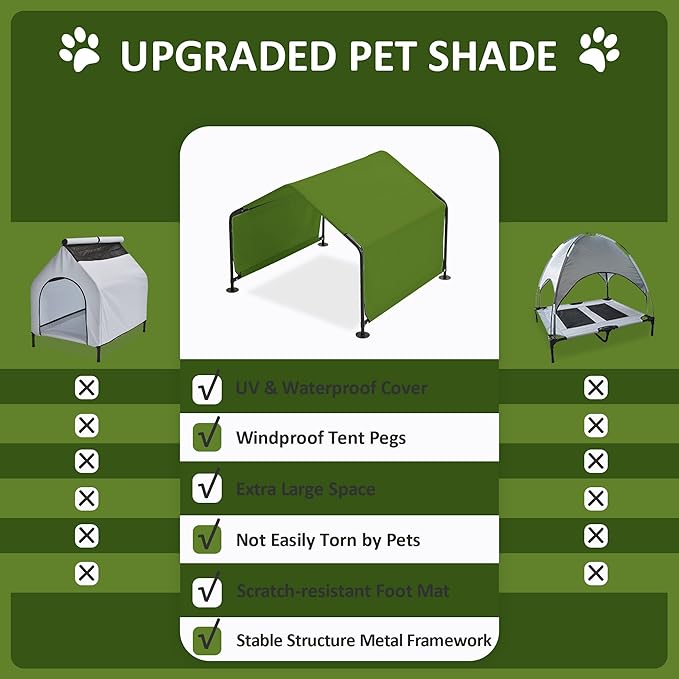 Dog Shade Shelter Outdoor Dark Green Tent for Large Medium Dogs, 4'x4'x3' Outside Sun Rain Canopy Pet House for Cats Pigs Livestock with Waterproof Roof Ground Nails