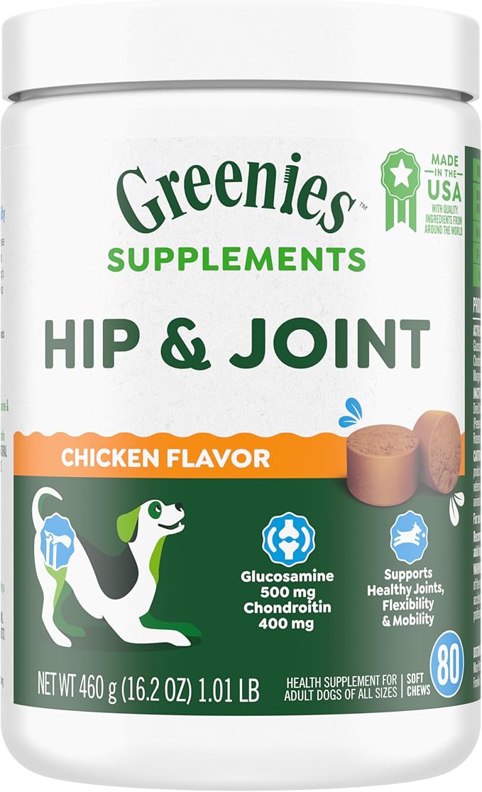 Greenies Supplements Hip and Joint Supplements for Dogs, Chicken Flavor, 80 Count Soft Chews Dog Joint Supplements, 16.2 oz.