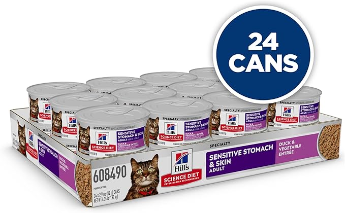 Hill's Science Diet Sensitive Stomach & Skin, Adult 1-6, Stomach & Skin Sensitivity Support, Wet Cat Food, Duck & Vegetables Minced, 2.9 oz Can, Case of 24