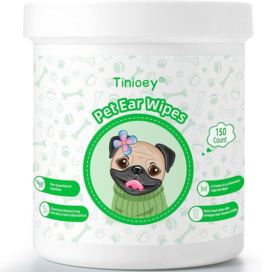 Dog Ear Wipes for Dogs (150 PCS-Extra Large) | Plant-Based Cat Dog Ear Cleaner Wipes Cleaning Solution to Remove Dirt and Ear Wax, Relieve Itching, Shaking Head & Inflammation