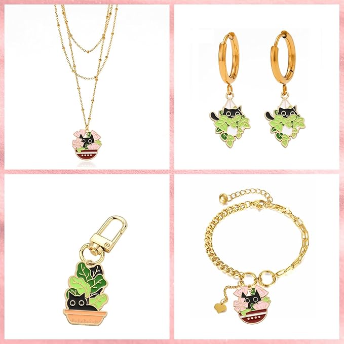 KitBeads 15pcs Enamel Plant with Cat Charms Cartoon Green Potted Plant Charms Cute Pet Black Cat Charms for Jewelry Making Bracelet Bulk