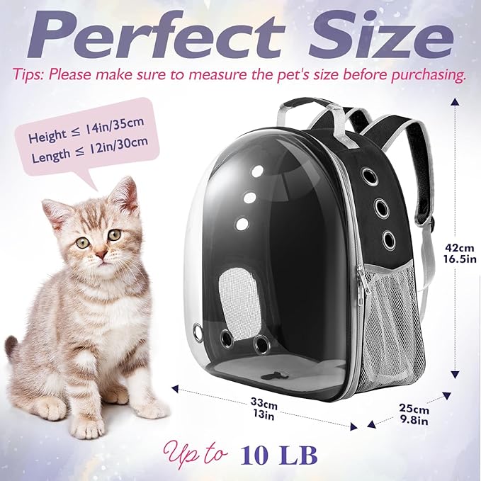 Pawaboo Cat Backpack Carrier, Pet Bubble Carrying Bag for Small Medium Kitty Puppy, Transparent Cat Space Capsule Backpack Airline Approved, Breathable Cat Travel Bag for Hiking Walking Camping, Black