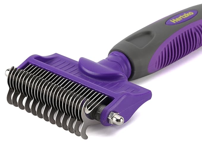 Hertzko Double-Sided Dog & Cat Dematting Comb: Pet Grooming Tool for Removing Loose Undercoat, Mats, and Tangled Hair - Doodle Dematting Comb, Self-Cleaning (Purple)