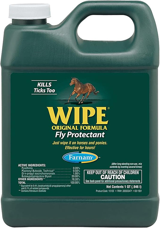 Farnam Wipe Original Formula Fly and Tick Protectant for Horses, Ready-to-Use Formula, 32 Fluid Ounces, One Quart Container