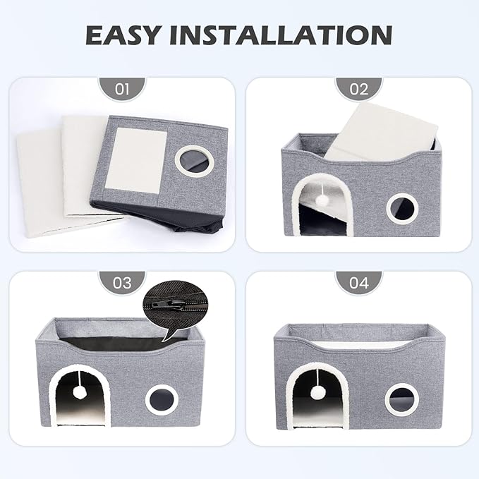 Heeyoo Cat House for Indoor Cats - Large Cat Bed Cave with Fluffy Ball and Scratch Pad, Foldable Cat Condos, Cat Cubes, Cat Hideaway, Covered Cat Bed