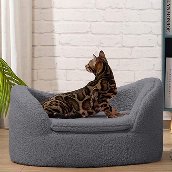 Hollypet Cat Sofa Couch, Pet Sofa for Cats and Small Dogs, Sherpa Fleece Cat Sleeping Bed, Ultra-Soft Snuggle Cat Sofa for Indoor Kitten, Luxury Mini Dog Couch Sofa Bed, Gray