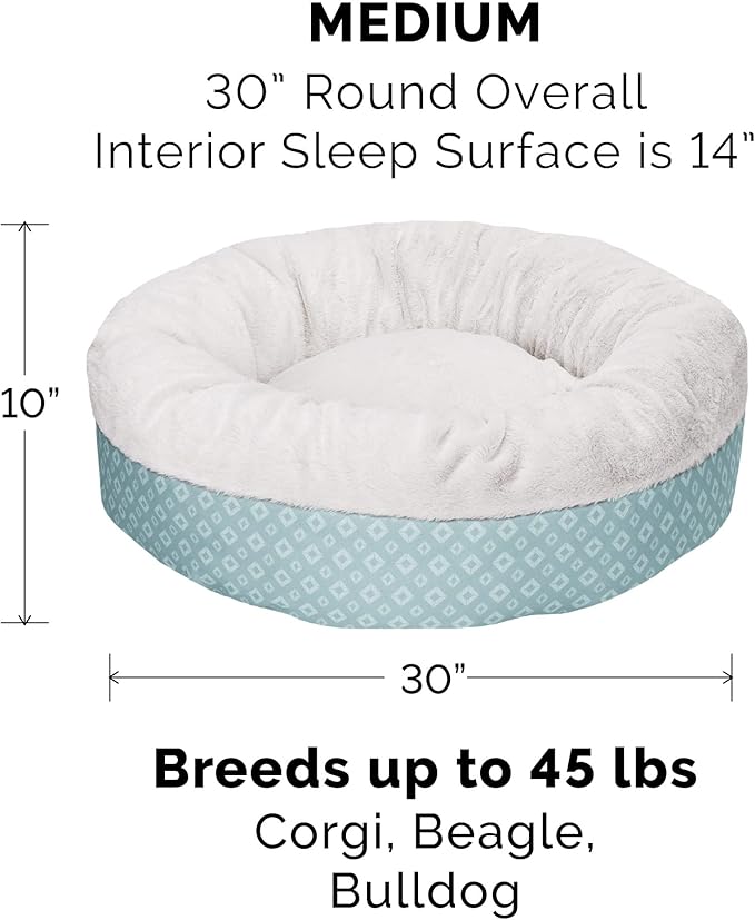 Furhaven 30" Round Donut Dog Bed for Medium/Small Dogs, Refillable w/ Removable Washable Cover, For Dogs Up to 45 lbs - Plush & Diamond Print Donut Bed - Aqua, Medium