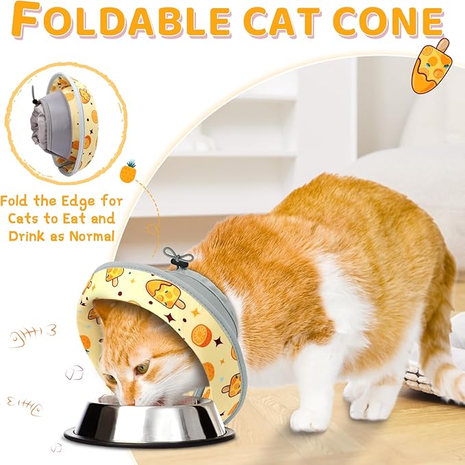 Cat Cone, Soft Cat Cone Collar to Stop Licking, Adjustable Cute Cat Cone Alternative, Water Resistant Neck Cone for Cats, Foldable Cat Recovery E Collar for Cat Kitten（Orange,L