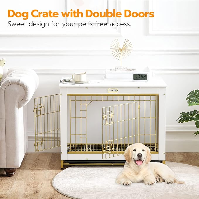 HOOBRO Dog Crate Furniture, Indoor Dog Kennel, Wooden Dog Furniture with Pull-Out Tray, Double Doors Dog House, Modern Side End Table for Medium/Large/Small Dog, 32.5" L, White DW802GW03