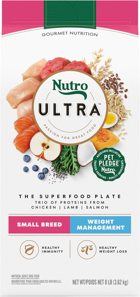 NUTRO ULTRA Adult Weight Management High Protein Natural Small Breed Dry Dog Food for Weight Contol with a Trio of Proteins from Chicken, Lamb and Salmon, 8 lb. Bag