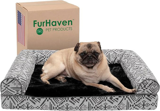 Furhaven Orthopedic Dog Bed for Medium/Small Dogs w/ Removable Bolsters & Washable Cover, For Dogs Up to 35 lbs - Plush & Southwest Kilim Woven Decor Sofa - Boulder Gray, Medium