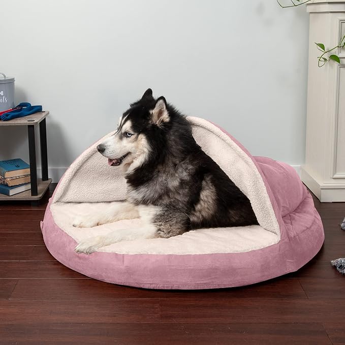 Furhaven 44" Round Memory Foam Dog Bed for Large Dogs w/ Removable Washable Cover, For Dogs Up to 80 lbs - Sherpa & Suede Snuggery - Pink, 44-inch