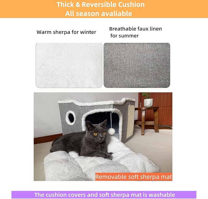 Cat Bed for Indoor Cats,Covered Cat Cave House & Furniture with Scratch Pad,Foldable Cat Hideaway Hut Cute Cat Condo with Soft Washable Mat for Multi Small Pet Under 30 lbs,Khaki