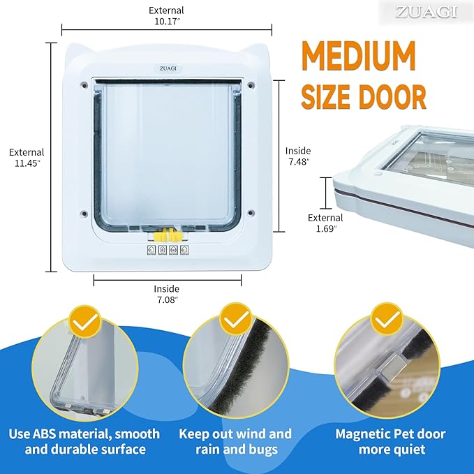 Magnetic Interior & Exterior Cat Door with 4 Way Locking，Cat Door Latch（Outer Size：11.5‘’x10.2‘’ Inter Size：7.5‘’x7.1‘’） Weatherproof Cat Door ，Cat Door for Window,Cat Door Interior Door