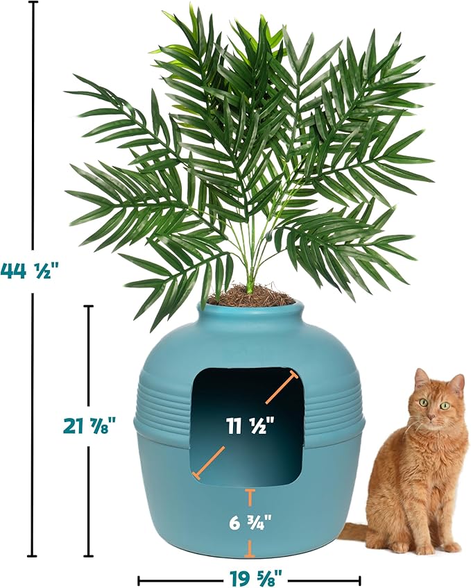 Good Pet Stuff, The Original Hidden Litter Box Base Kit, Round Enclosed Cat Litter Box Planter with Artificial Plants, Vented Carbon Odor Filter System, Florist Moss, Easy to Clean, Caribbean Blue