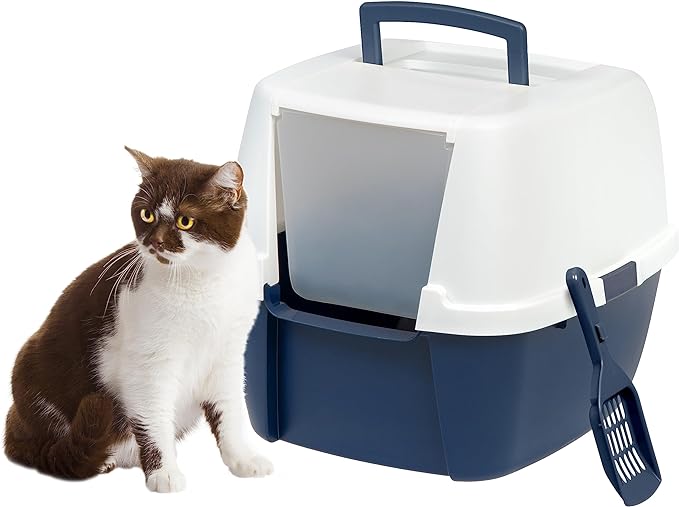 IRIS USA Jumbo Cat Litter Box Enclosure with Front Door Flap and Scoop, Hooded Kitty Litter Tray with Easy Access Lift Top Handle and Buckles for Portability and Privacy, Navy/White