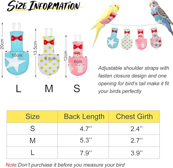 4 Pieces Bird Diapers Flight Suite Liners Washable Reusable Protective Parrot Nappy Clothes with Waterproof Inner Layer Cute Urine Wet Suit for Parrot Macaw Budgies Parakeet (Star Patterns, M)