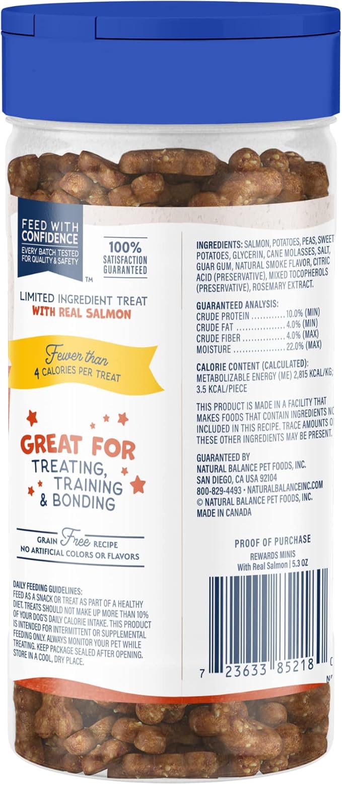 Natural Balance Limited Ingredient Mini-Rewards Salmon Grain-Free Dog Training Treats for Dogs | 5.3-oz. Canister, Brown