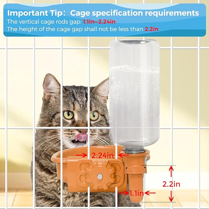 16oz Pet Water Bottle, Gravity Dog Water Bowl Dispenser for Cage, Anti-Overflow Water Dispenser for Small Dogs, Cats, Rabbits and Other Small Animals, BPA Free, Orange