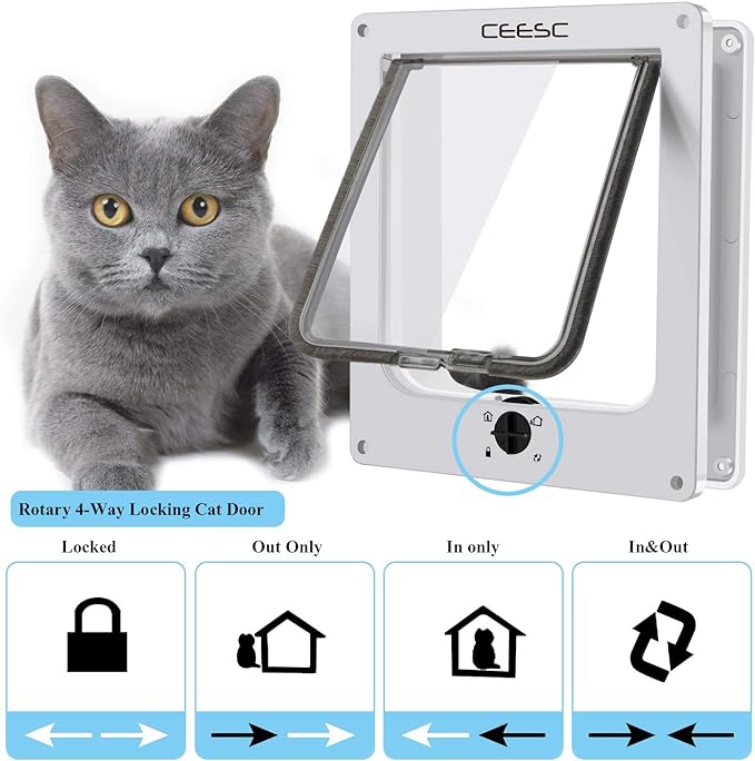 CEESC Large Cat Doors, Magnetic Pet Door with 4 - Way Rotary Lock for Cats, Kitties and Kittens, Upgraded Version (Large, White)