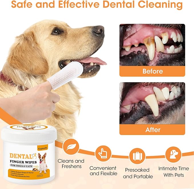 Teeth Cleaning Finger Wipes, Dog Dental Wipes, Reduce Plaque & Tartar, Freshen Breath, Safe & Natural Pet Dental Wipes for Dogs Teeth, Portable Dog Tooth Wipes for Cats,50 Ct, Chicken Scent