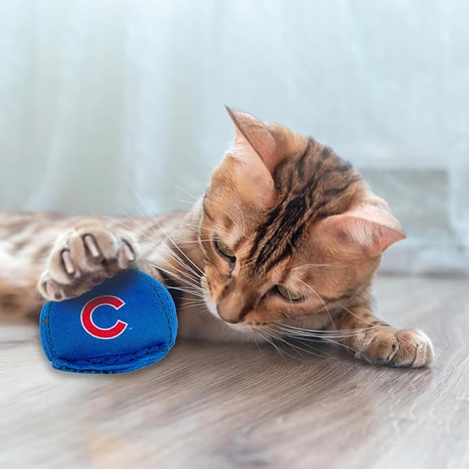 BEST PLUSH CAT TOY: MLB CHICAGO CUBS Complete Set of 3 piece Cat Toys filled with Fresh Catnip. Includes: 1 Baseball Cap Cat Toy, 1 Baseball Cat Toy with Feathers & 1 Beer Bottle. Beautiful Team LOGOS