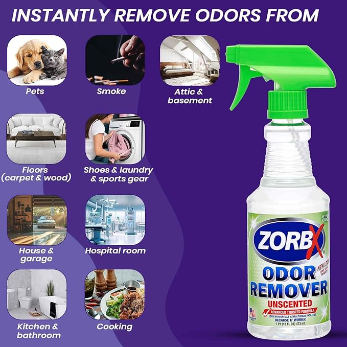 ZORBX Unscented Odor Eliminator for Strong Odor - Used in Hospitals & Healthcare Facilities | Advanced Trusted Formula, Fast-Acting Odor Remover Spray for Dog, Cat, House & Carpet (16 Oz.)