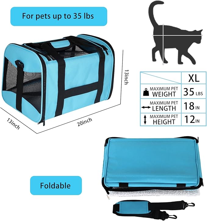 Cat Carrying Case - Pet Carrier Airline Approved, Protable and Breathable Pet Travel Carrier Removable Fleece Pad, Collapsible Cat Carrier Dog Carrier for Medium Cats Small Cats Dogs(X-Large, Blue)