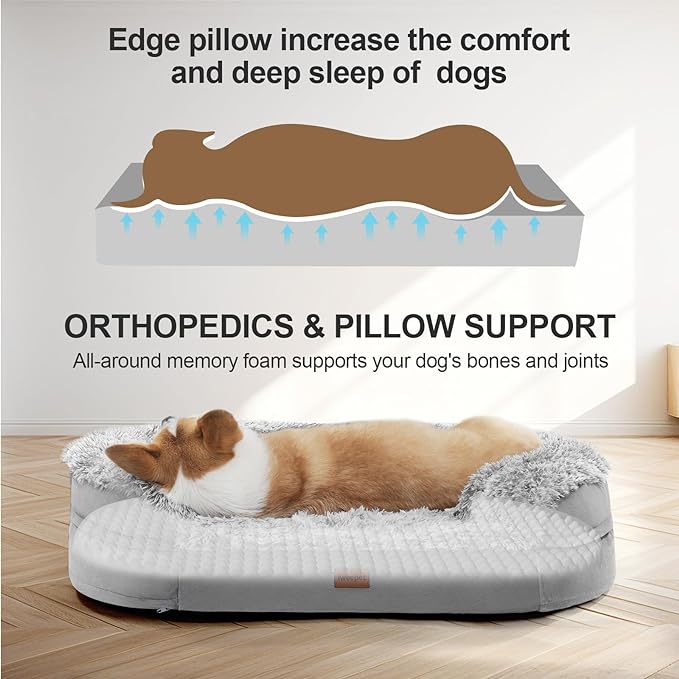 Orthopedic Dog Beds for Small Medium Dogs, 3.7 inch Thickened Supportive Dog Sofa Bed with 28D Egg-crate Foam, Removable Washable Plush Cover, Waterproof Lining, Half-Round Design for Puppy,Senior Dog