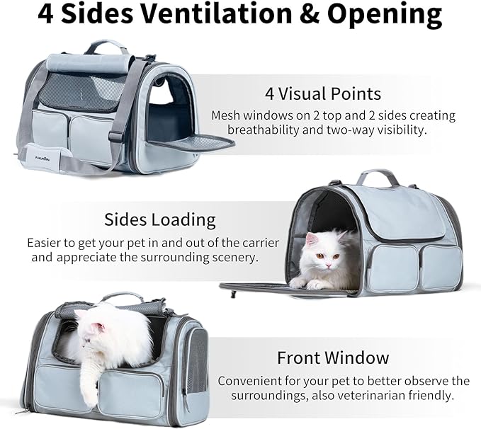 FUKUMARU Cat Carrier, Soft-Sided Small Dog Carrier, Large Cat Travel Bag with 4 Mesh Windows, Under 15 lb Airline Approved Pet Carrier with 4 Storage Pockets, Rollable Cover for Nervous Cats, Grey