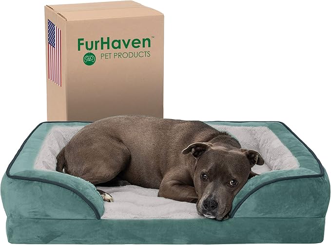 Furhaven Orthopedic Dog Bed for Large/Medium Dogs w/ Removable Bolsters & Washable Cover, For Dogs Up to 55 lbs - Plush & Velvet Waves Perfect Comfort Sofa - Celadon Green, Large